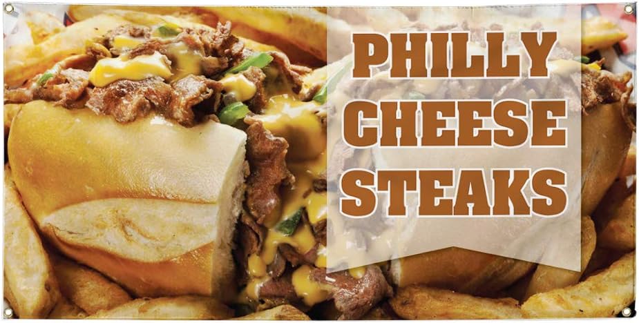 Vinyl Banner Multiple Sizes Philly Cheese Steaks Advertising Printing Restaurant & Food Outdoor Weatherproof Industrial Yard Signs 4 Grommets 16x40Inches