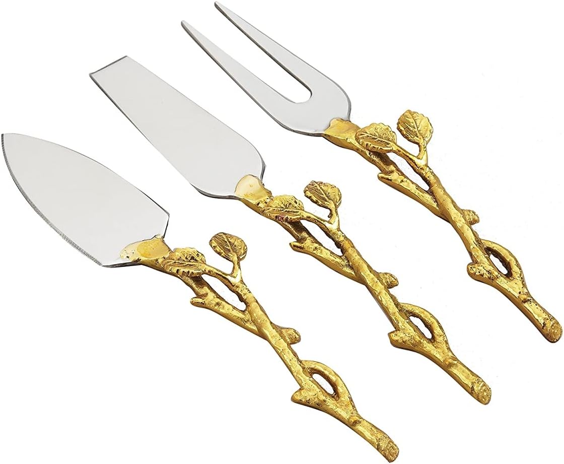 70016 Gilt Gold Finish Leaf & Hammered Steel Cheese Set - 3 Piece
