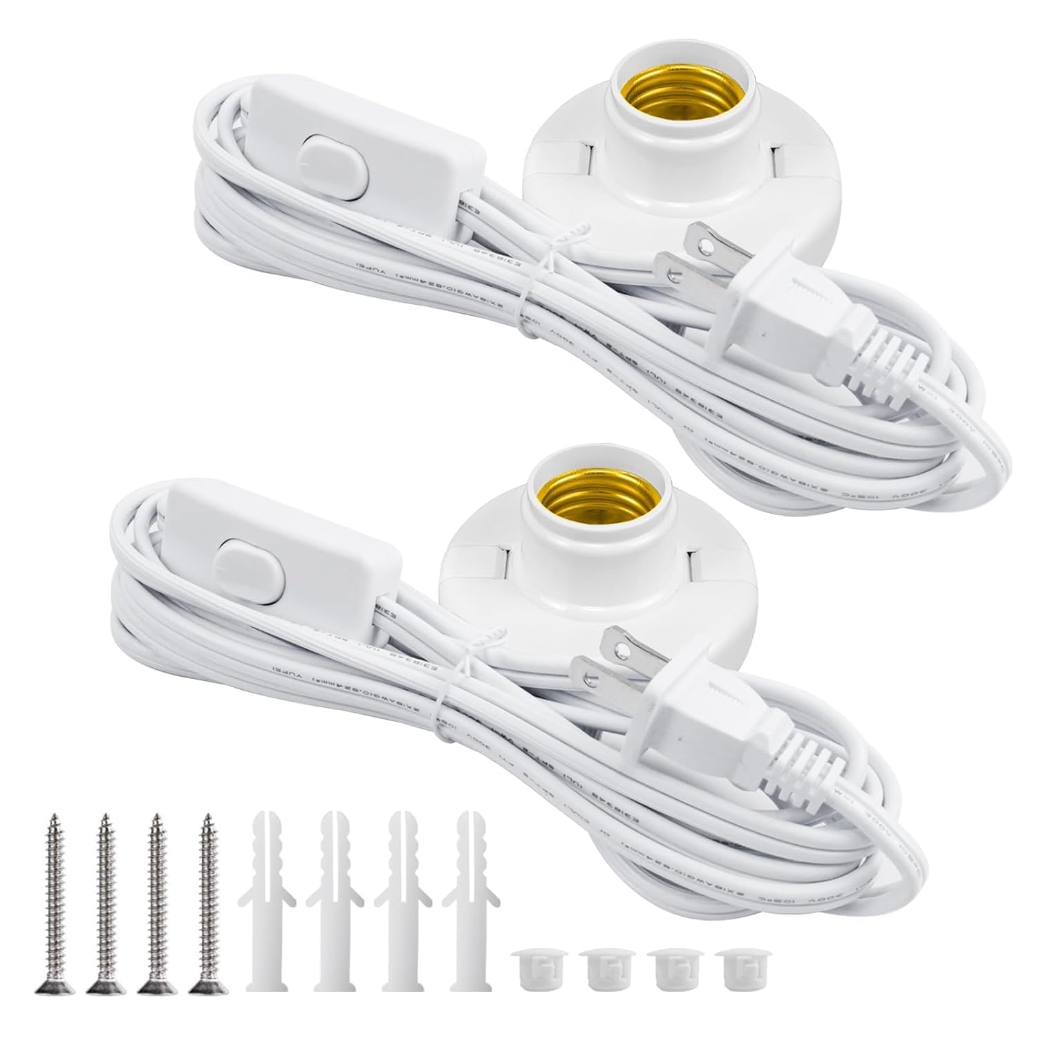 2Pcs E26/E27 Light Socket, 9.8ft Hanging Light Extension Cord Base with Switch, Plug-in Lamp Holder Spiral Bulb Base for Desktop, Bedroom, Living Room, Kitchen, Workroom, Basement, 2 Pack