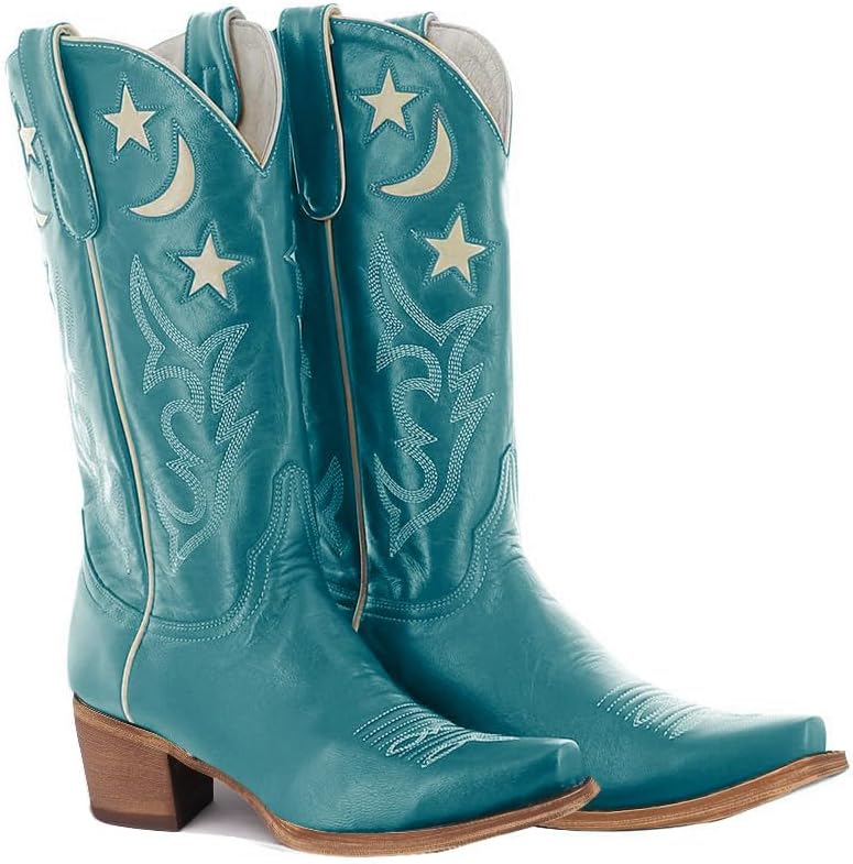 Mid Calf Embroidered Cowgirl Boots with Stars
