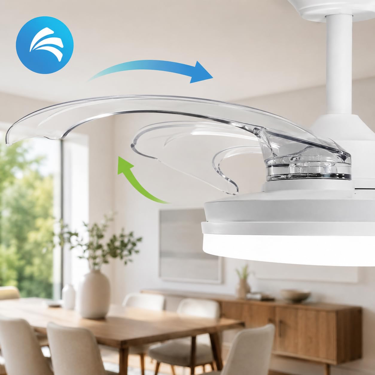 M mimotec- Ventilador de Techo White Guadix Retráctil con Luz LED CCT 36W Ø107 cm, Motor DC Silencioso 30W, Mando a Distancia, 6 Velocidades, Aspas Plegables, Temporizador y Función Verano/Invierno | CCT 36W, Ø107 cm, Motor DC Silencioso 30W, 6 Velocidade