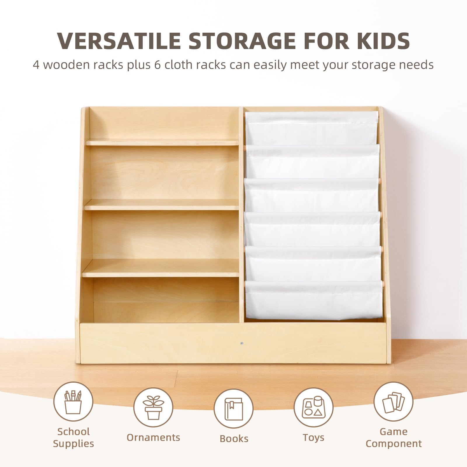 Étagère à Livres Montessori OOOK - 2 Étagères + 5 Compartiments, Rangement Jouets Enfant - 10