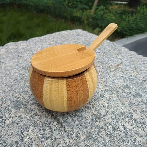 Miniatura 7 de Luxshiny Azucarero de bambú o tazón de especias con cuchara, contenedor de madera para condimentos, olla de sal de granja, plato de mantequilla,