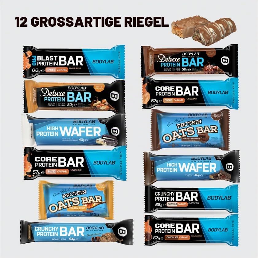 Bodylab24 Protein Bar Mix Box 2, mit 12 unterschiedlichen Proteinriegeln, Eiweißriegel zum Probieren und Verschenken, Low Carb High Protein Riegel