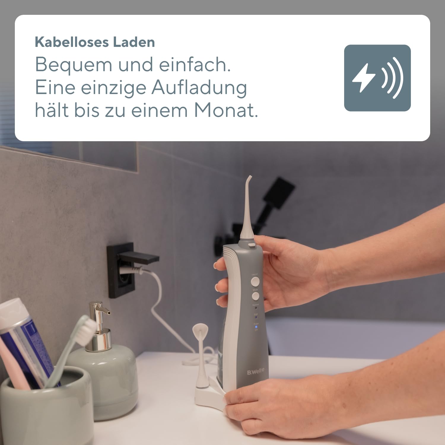 B.Well Swiss TH-912 tragbare und kabellose Munddusche, Praktisches Design mit 3 Betriebsmodi, 5 Düsen mit 360°-Rotation, bis zu einem Monat Akkulaufzeit, Inkl. einer praktischen Reisetasche