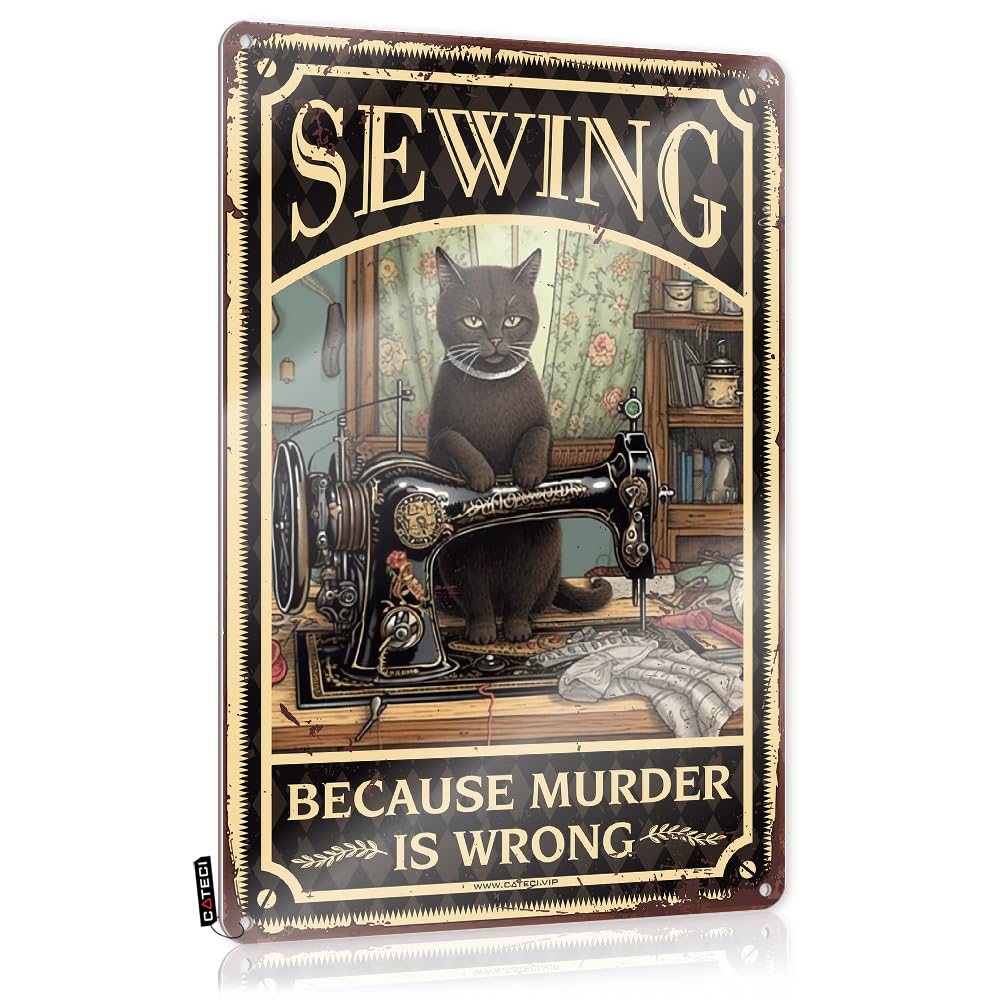 Sukecupqz Colour Metal Signs Vintage Funny Cat Kitty Sewing Because Murderis Wrong Tin Sign Metal Signs Vintagepsychedelic Decoryard Statues Outdoor And Gardenmen Bathroom Decor(20X30cm)