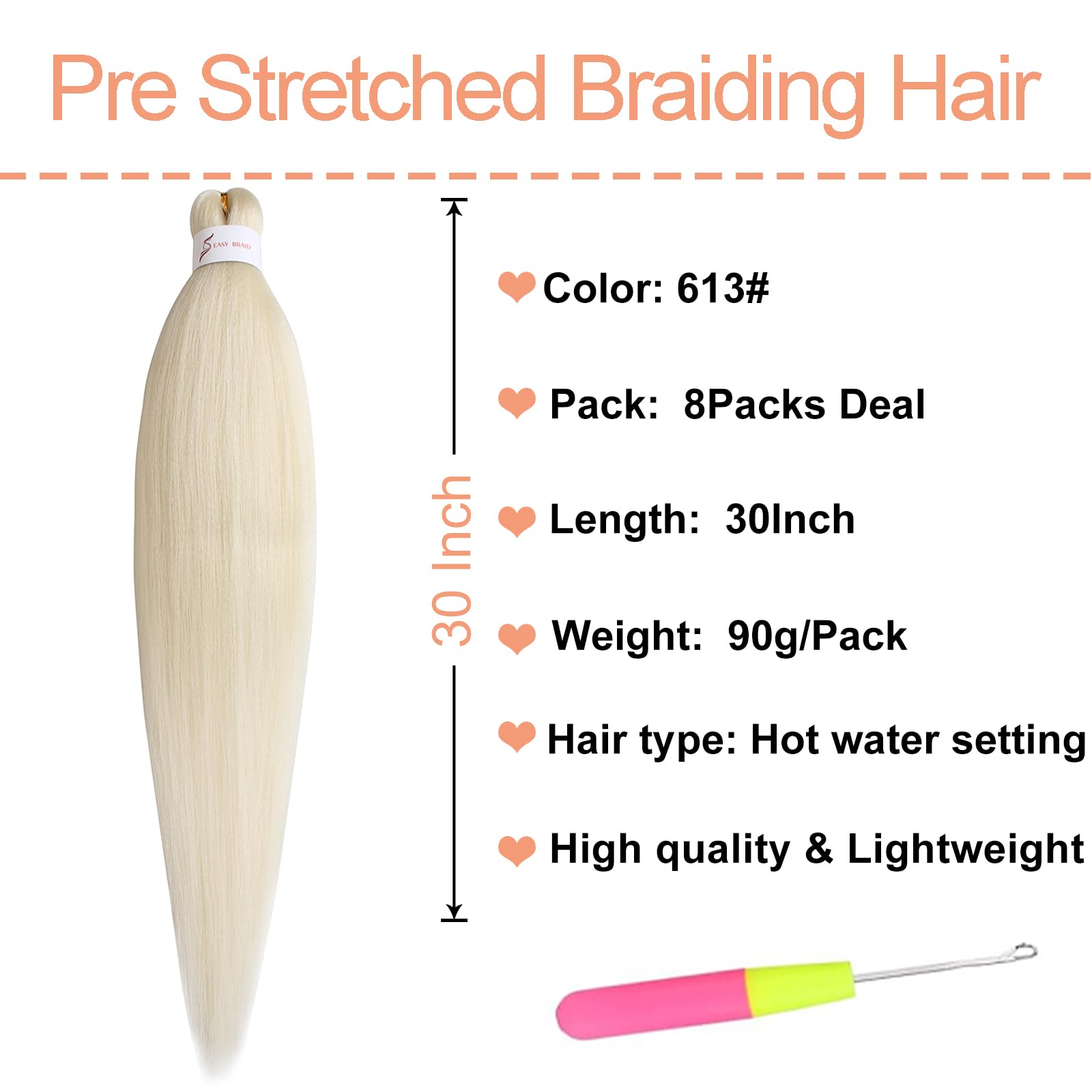 Mscat 30 Inch 8 Packs Pre Stretched Braiding Hair Blonde Pre Stretched Braiding Professional Synthetic Prestretched Crochet Braids Hair Extension Hot Water Setting Yaki Texture (613#) - Image 2