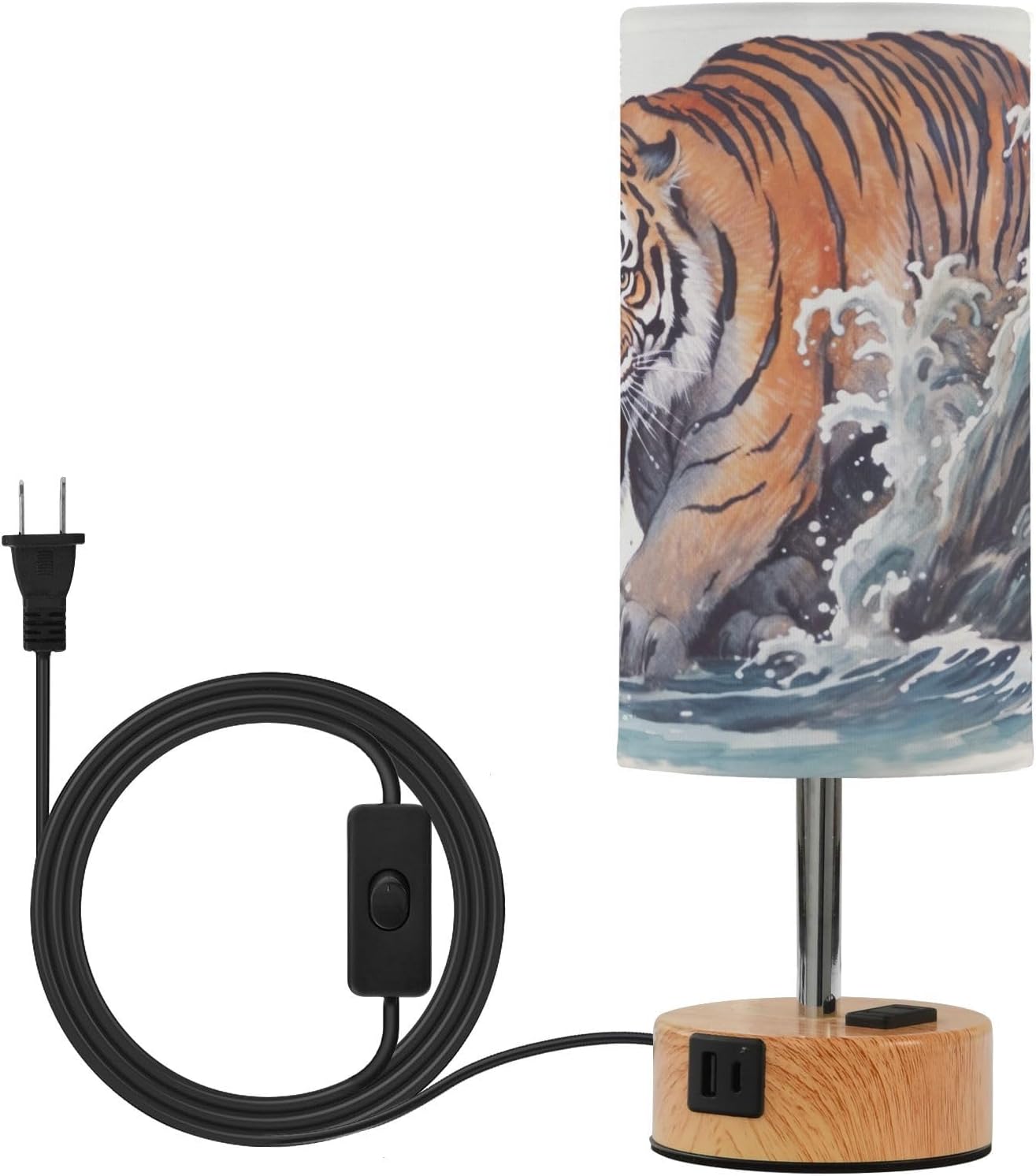Touch Table Lamp with 3 Way Dimmable and USB Charging Ports–Wood-Look Metal Base Desk Lamp with Bulb for Bedroom, Office, Living Room-Tigers and Waves