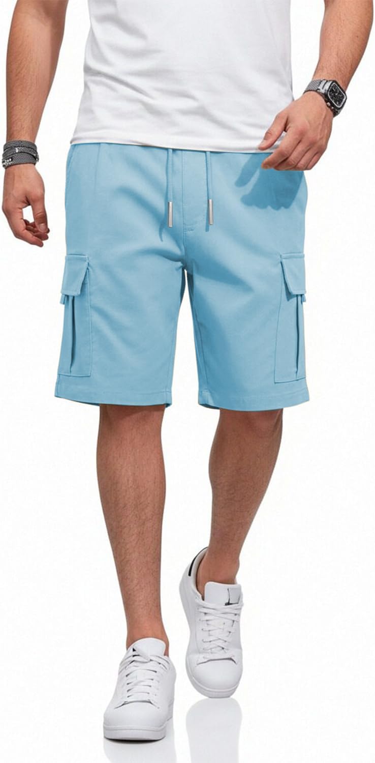 HUNGSON Mens Cargo Shorts Drawstring Classic Chino Stretch 9" Inseam Short with 6 Pockets - Image 2