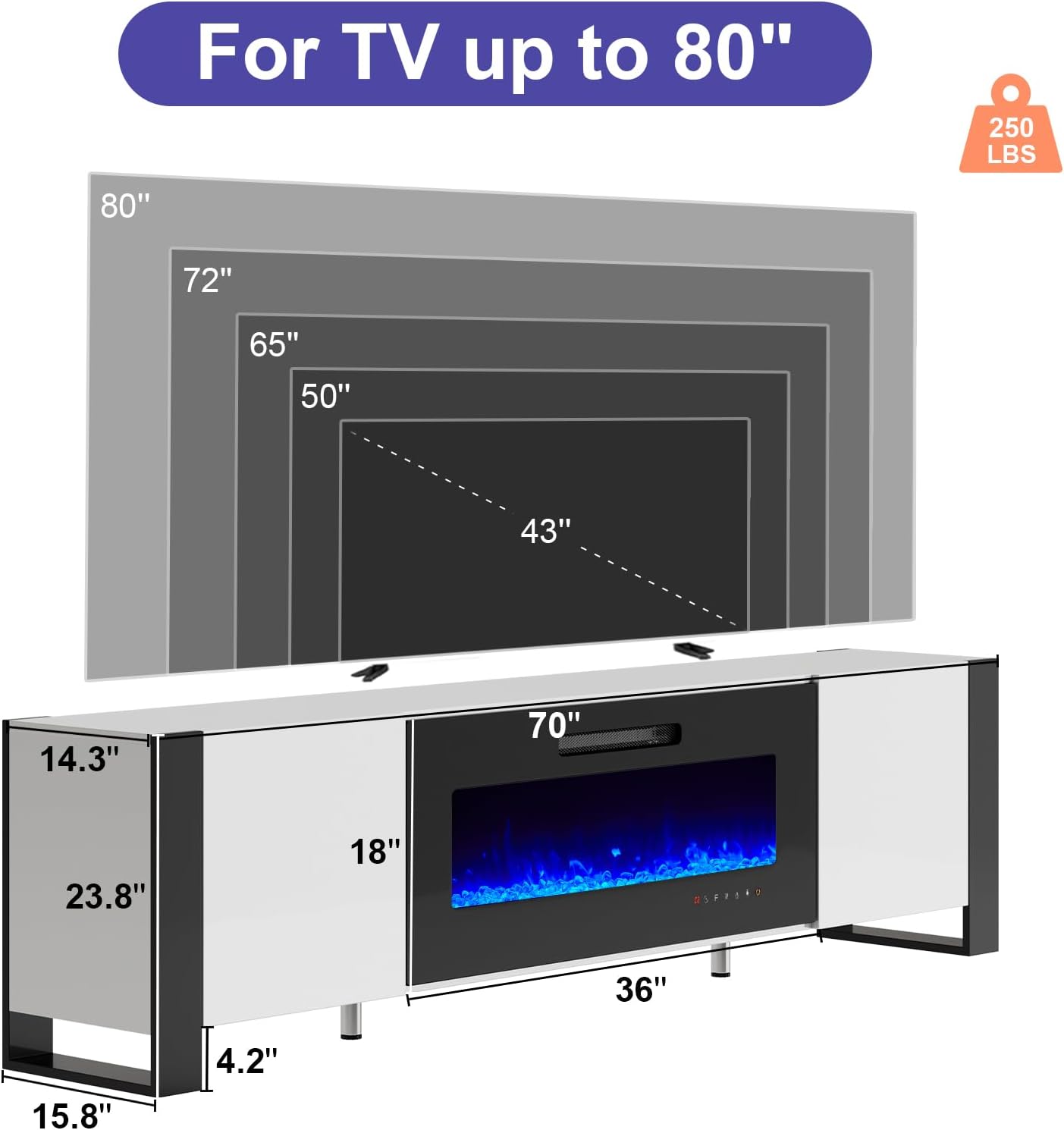 LUXOAK U-Shaped Legs 70" Fireplace TV Stand, Mirrored Finish Media Console with 36" Electric Fireplace, Modern LED Lights Storage Entertainment Center for TVs Up to 80", White