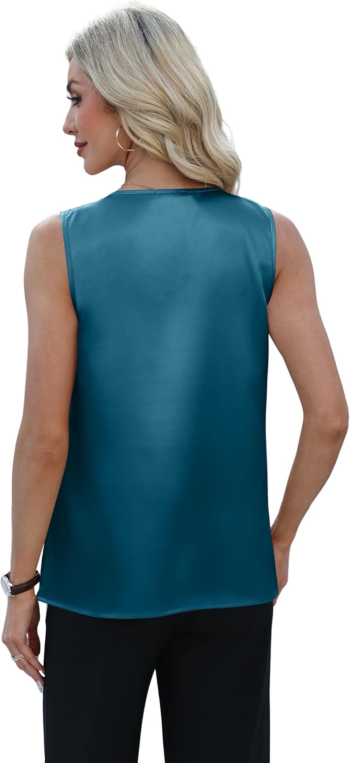 OFEEFAN Womens Tank Tops V Neck Silk Satin Camisole Pleated Sleeveless Blouses Dressy Casual Business Summer Basic Tank Shirt - Image 5