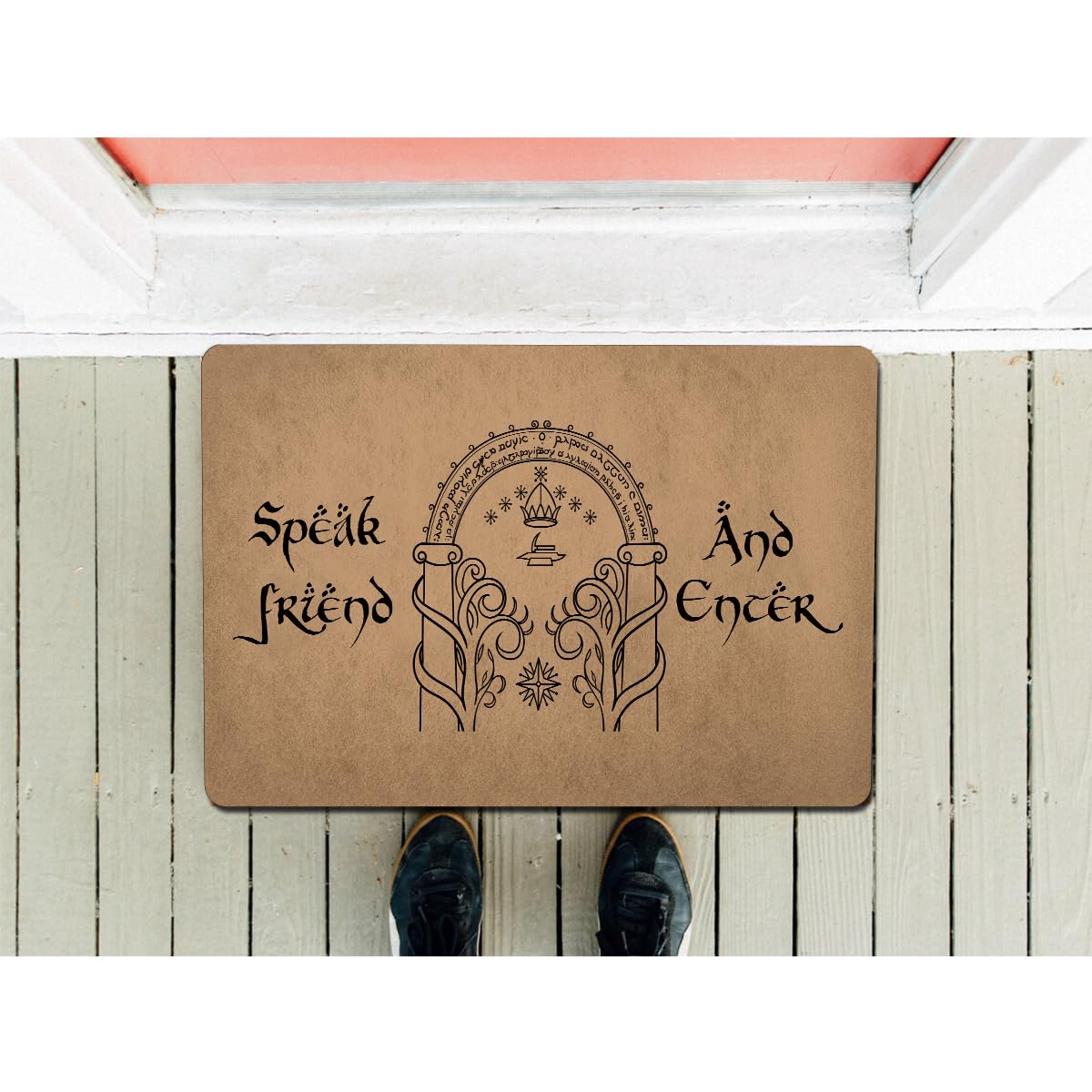 Divertido felpudo de bienvenida para puerta delantera, tapete de regalo para inauguración de la casa, decoración interior del hogar (60.2 cm x 39.6 cm) (habla amigo y entra)