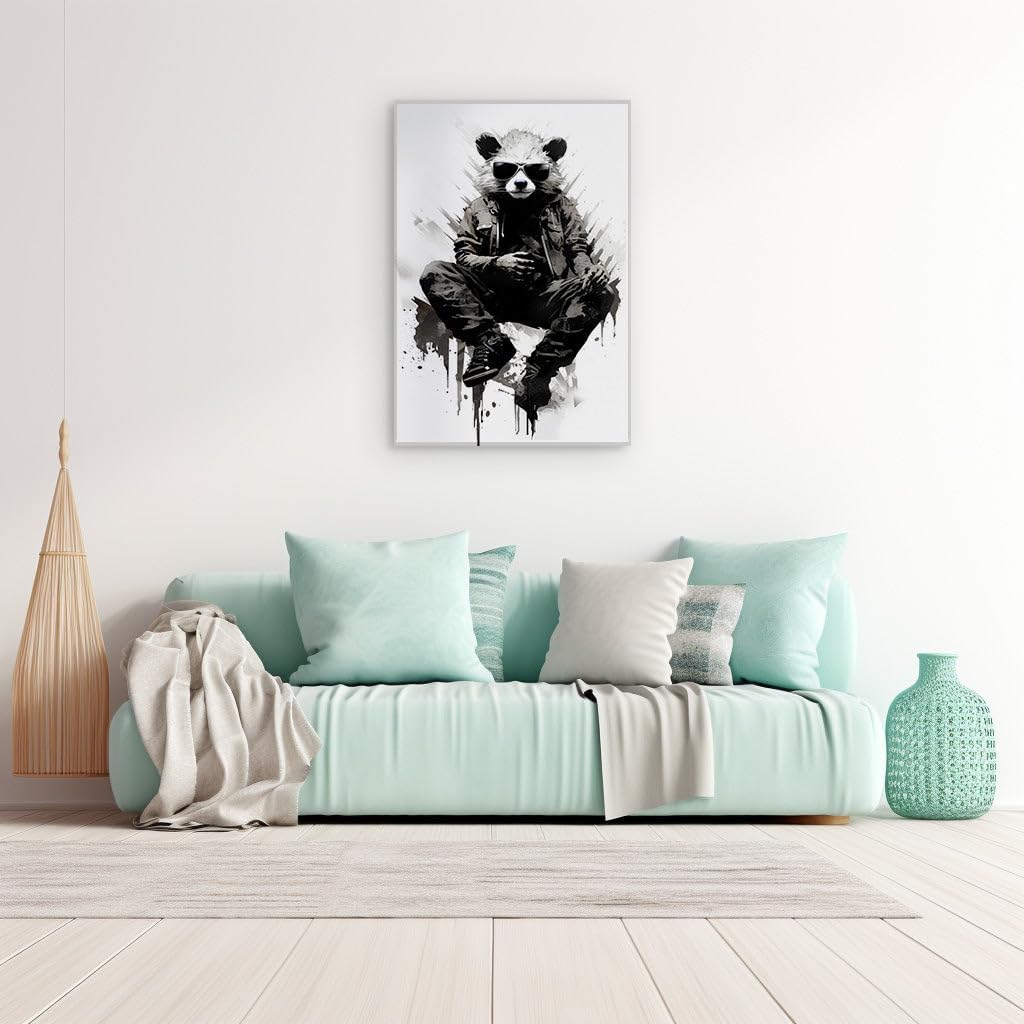 Canvas for Living room. Stylish Panda Illustration - Fashion Meets Wildlife in Minimalist Chic, 27 x 18 inch Canvas Wall Art - Zen Wall Decor - 69x46 cm (27x18 inch)