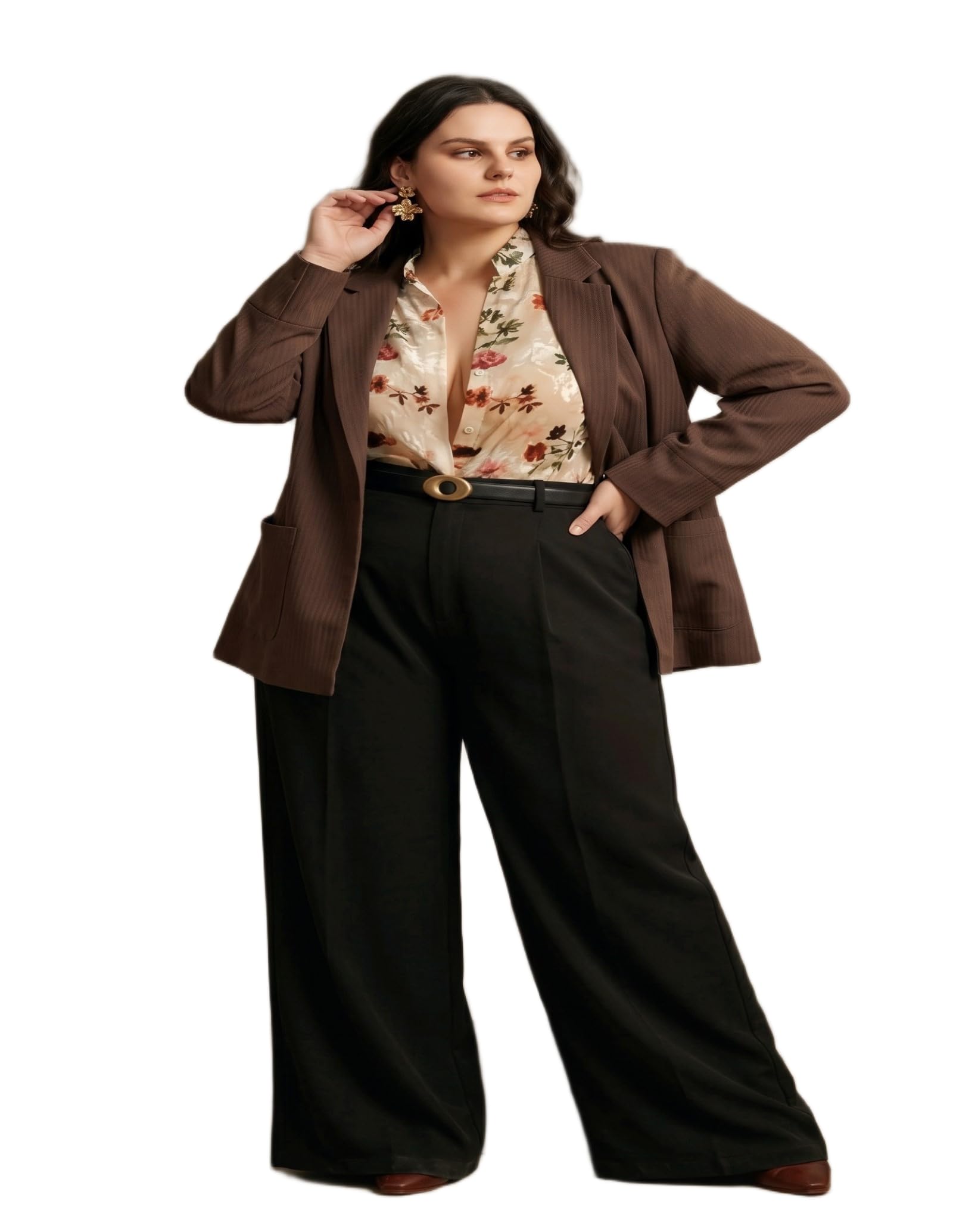 Women's Boardroom Blazer – Brown Woven Jacket, Cuffed Sleeve, Polished Silhouette-image-31