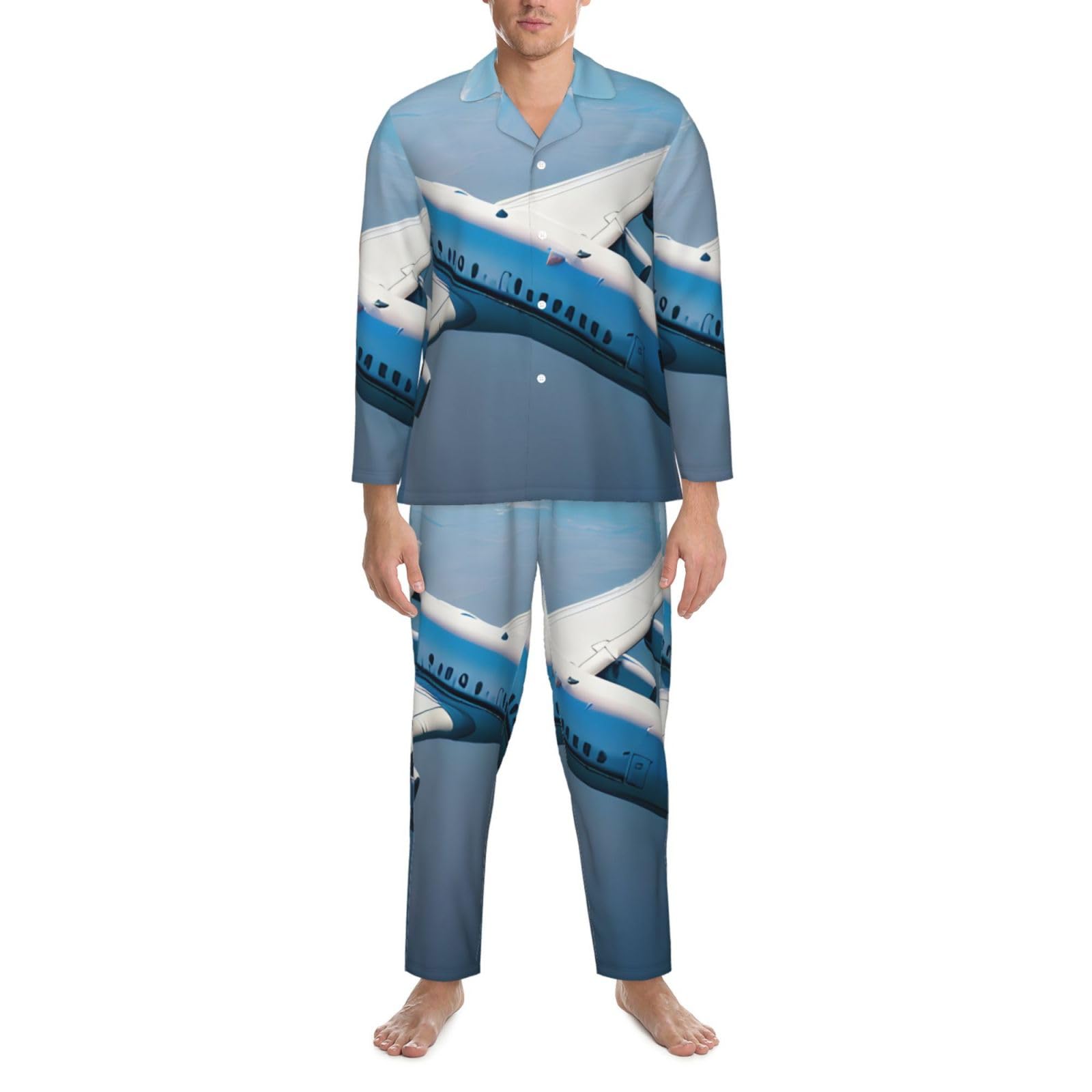 Herren-Pyjama-Set mit Flugzeug-Druck, langärmelig, zweiteilig, Hauskleidung, bequeme Nachtwäsche