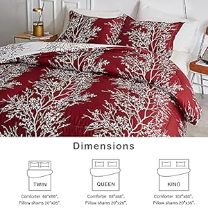 Flysheep burgundy red botanical christmas comforter set queen full size red and white tree branch floral reversible 3 piece bedding set ultra soft microfiber for all season  urban country home decor