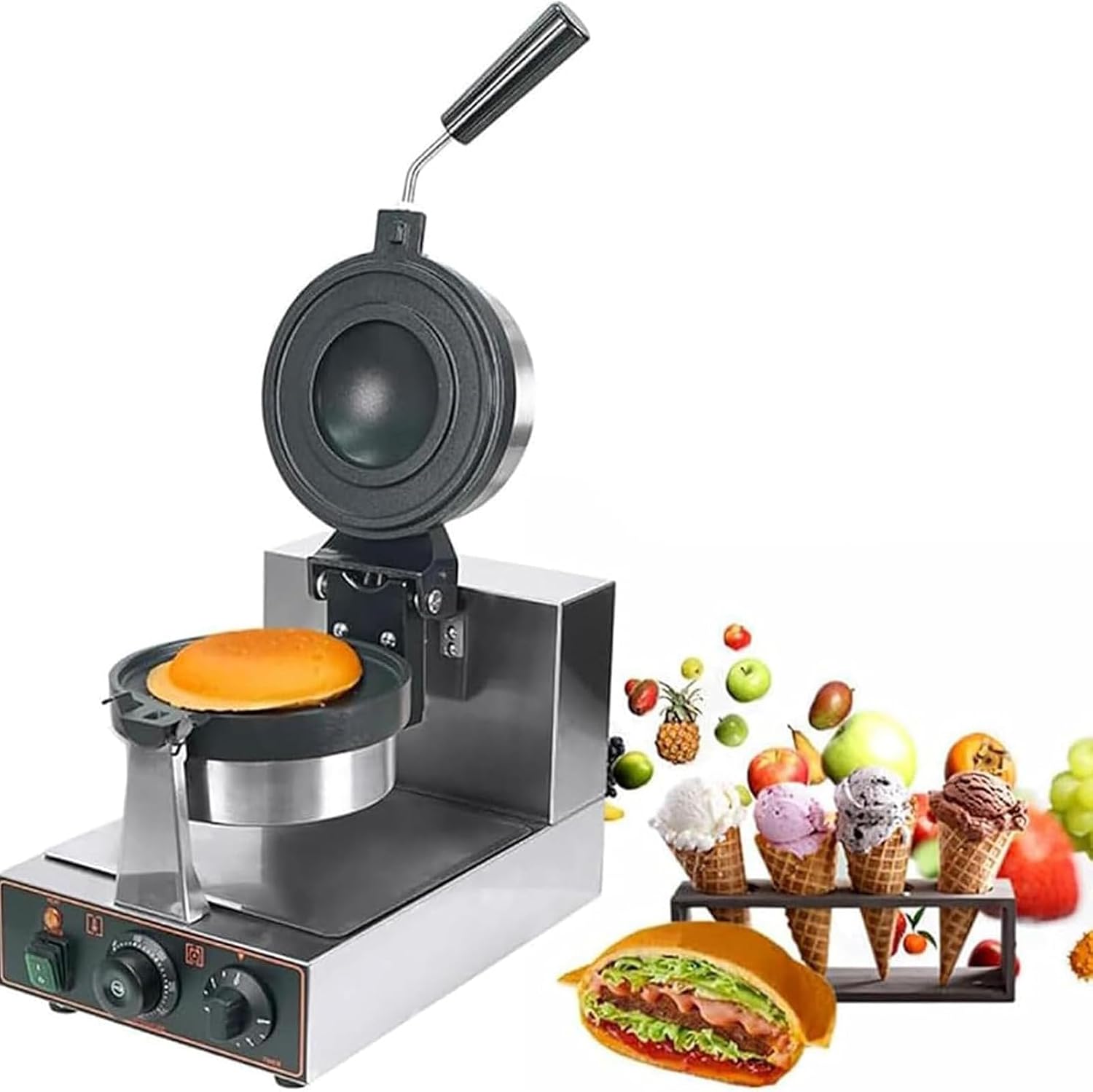 Ice Cream Waffle Maker, Electric Burger Maker Machine, Non-Stick Electric Panini Press, Hamburger Waffle Maker Sandwich Press, Dual-Sided Heating, for Household & Commercial Use