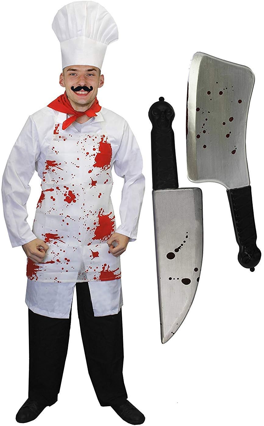 ADULTS BLOODY CHEF FANCY DRESS COSTUME INCLUDING FAKE MOUSTACHE AND KNIFE - CHEF COSTUME WITH WHITE JACKET, CHEF HAT, MOUSTACHE, KNIFE AND BLOODY APRON - SIZE: XLARGE