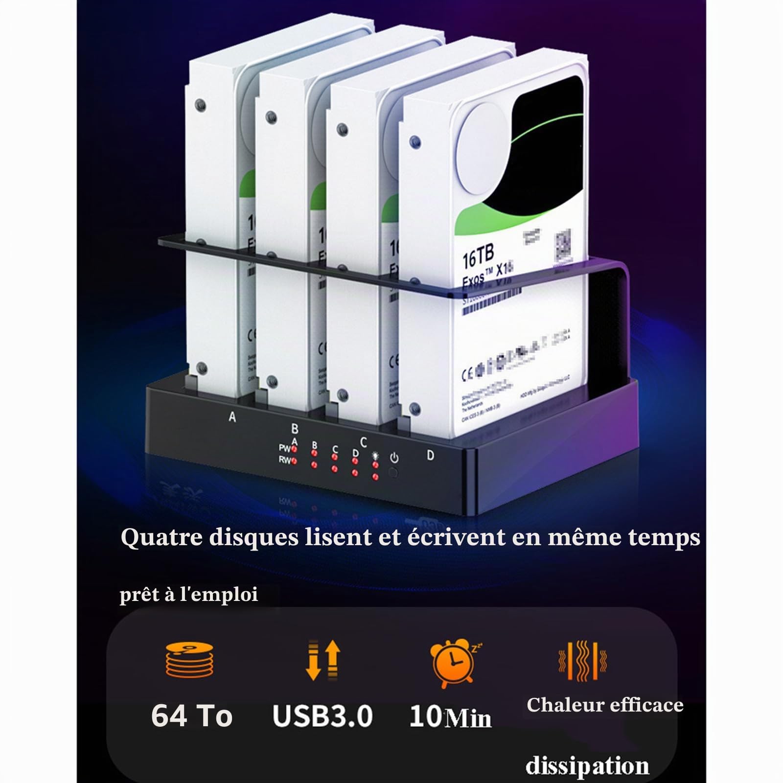 Boîtier de disque dur 4 baies Sata vers USB 3.0 externe multi-baies 2.5 et 3.5 pouces HDD SDD Station d'accueil boîtier de disque dur Multiplication