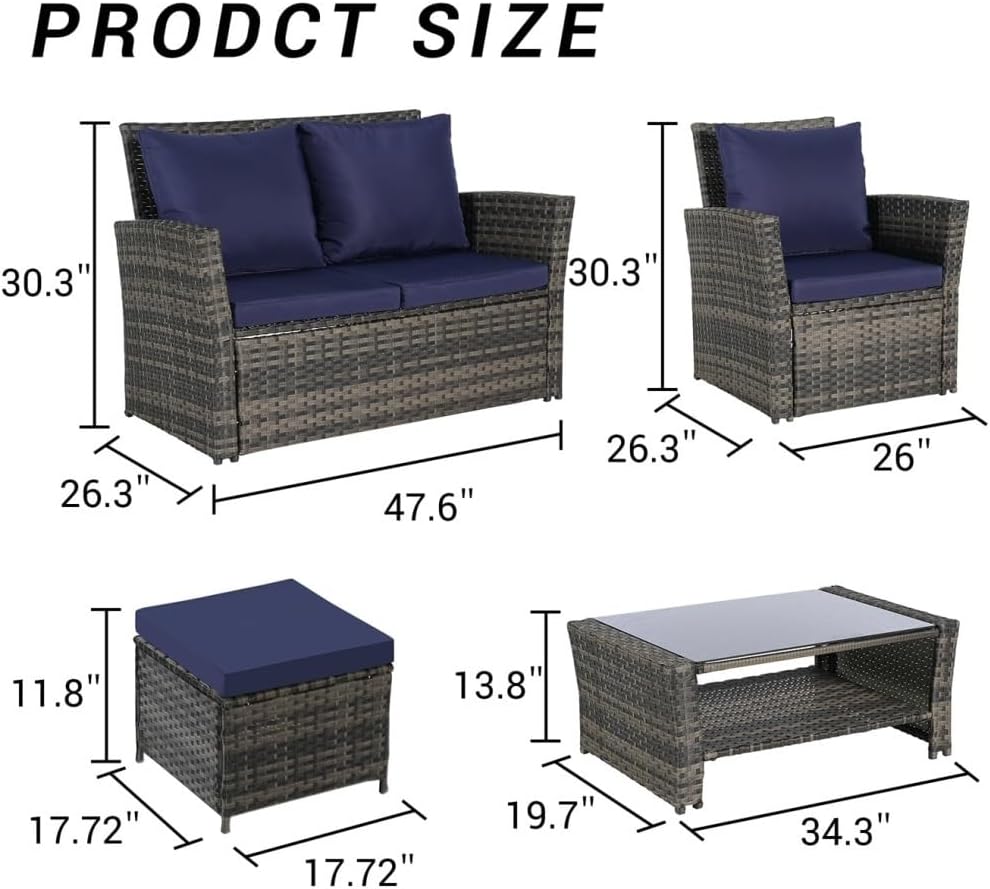 6 Pieces Patio Furniture Set Outdoor Woven Patio Table and Chairs Sets Wicker Conversation Lounger Table for Backyard Porch Balcony Poolside(Blue)