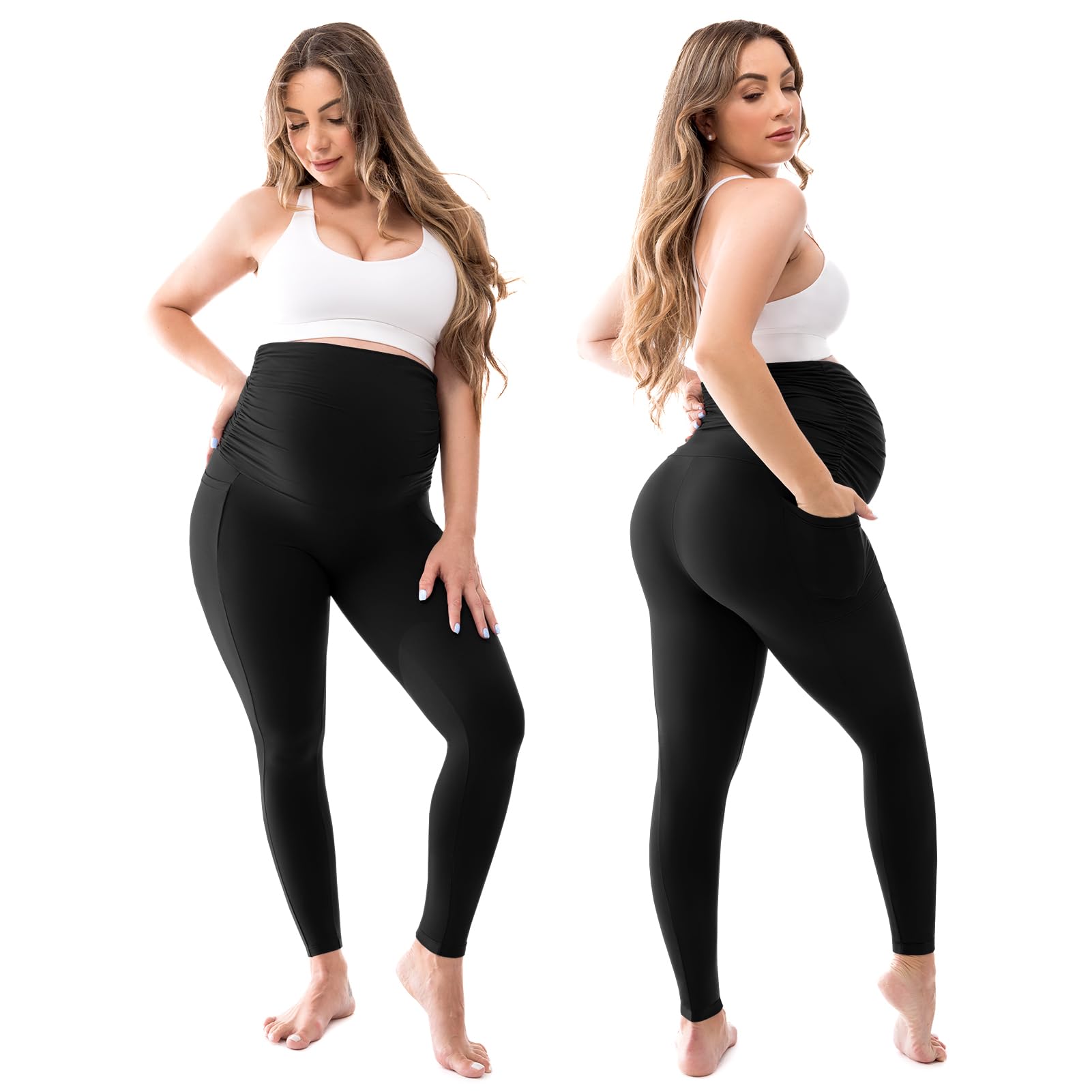Walifrey Women's Maternity Leggings with Pockets，High Waist Opaque Comfortable Pregnancy Black Leggings — view 2