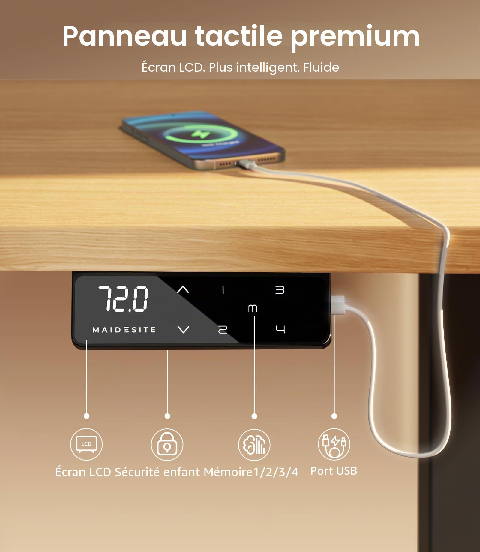 MAIDeSITe Bureau Assis Debout Electrique Réglable à 2 Étages en Hauteur avec 4 Claviers à Mémoire Automatique Cadre de Bureau (Noir), pour Écriture, Industriel, 70-120 cm