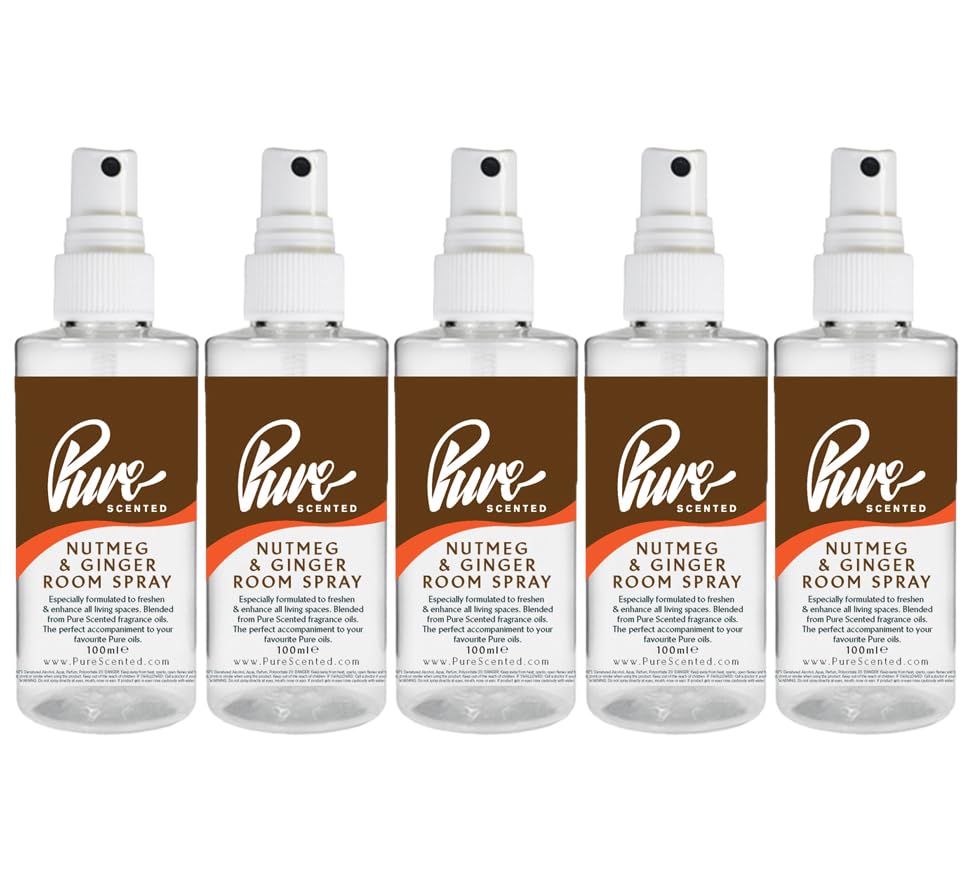 "Pure Scented 500ml Room & Fabric Sprays 5 x 100ml Suitable For Home, Car, Caravan, Work, Gym Bags, Odour Eliminators (5 x 100ml, Nutmeg & Ginger)"