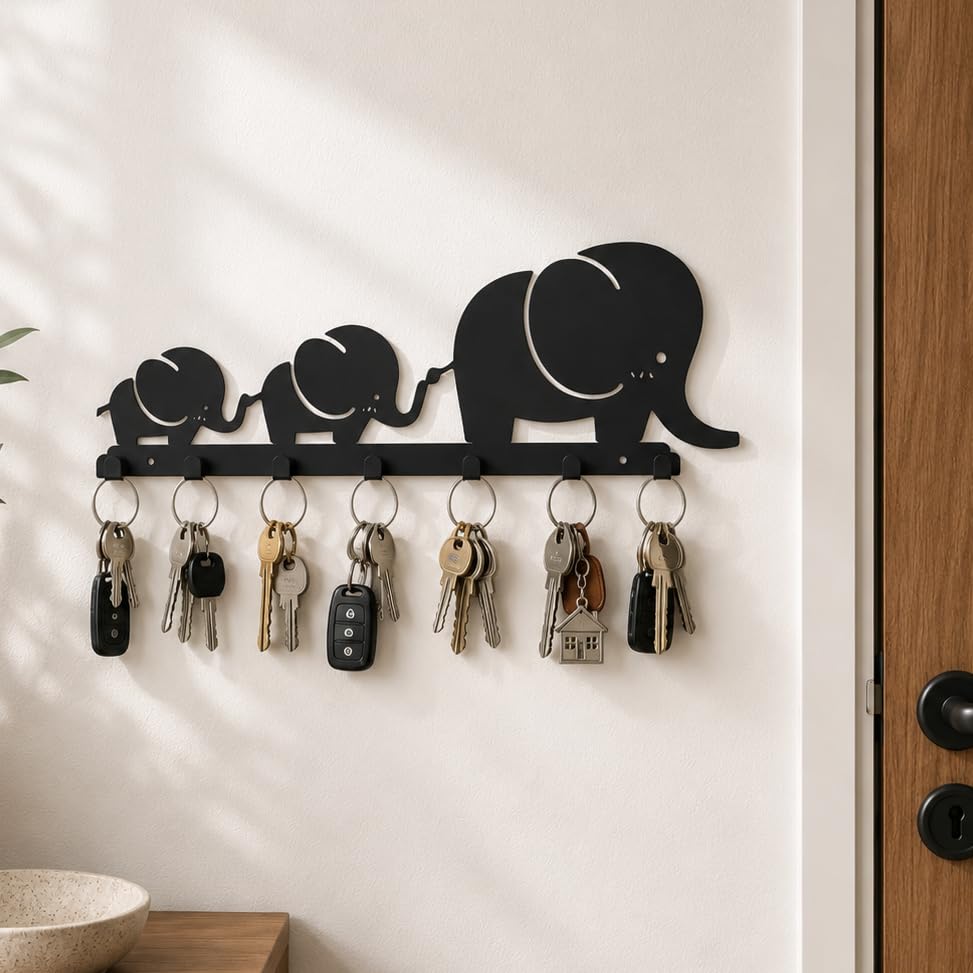Image of Decorative Elephant Metal Key Holder for Wall | Entryway Key Hanger Organizer for Home Decor | Wall Mounted Key Rack for Keys, Keychains & Accessories | No Drilling Required Key Holder