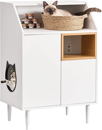 soges Caja de arena para gatos, casa de madera para gatos de 24.8 pulgadas con armario de almacenamiento y cajón, mueble oculto para gatos, armario