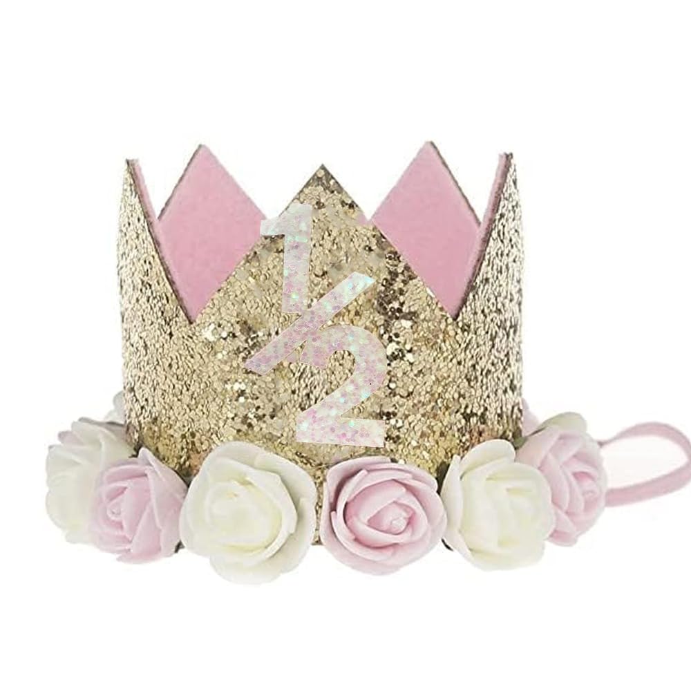 Pop The Party Half Birthday Crown with Flowers Shaped cap, Girl Half Birthday Hat. half birthday hat for your little angel baby girl. beautiful pink and gold color crown cap for you little angel.