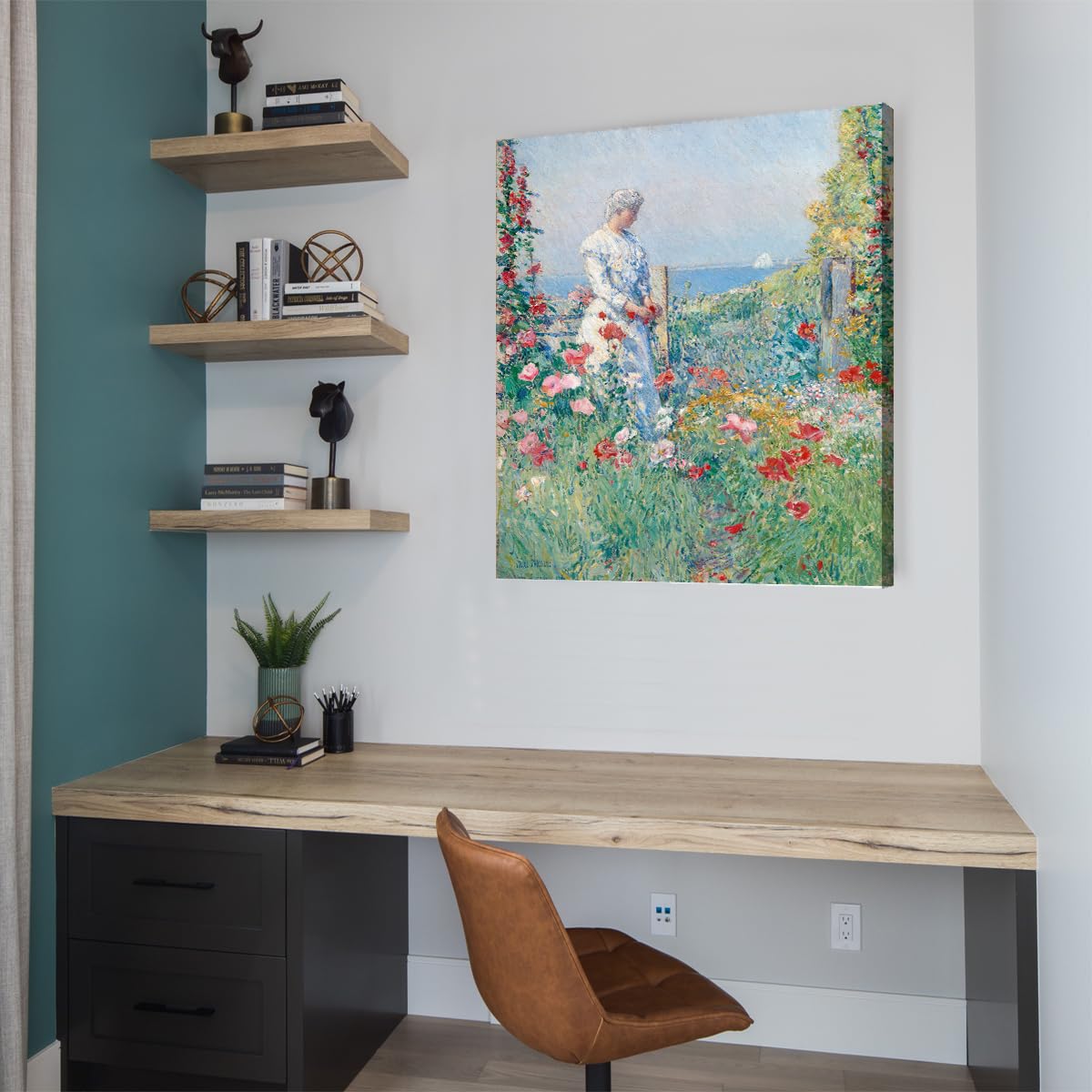 SHENGPOSTER Childe Hassam w ogrodzie płótno sztuka ścienna domek ogród ilustracja plakat obraz do jadalni sypialni dekoracja ścienna bez ramy 65 x 85 cm