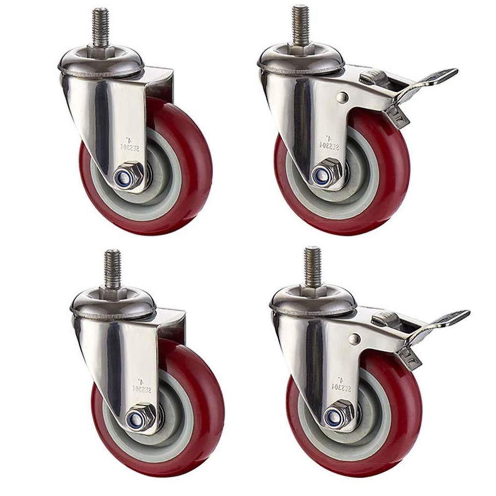 GBRJUYF Heavy Duty Trolley Wheels with Brake, 4-Pack M12 Threaded Casters, 400kg Load Capacity, 100mm (4in) Furniture Roller Wheels for Trolleys and Carts