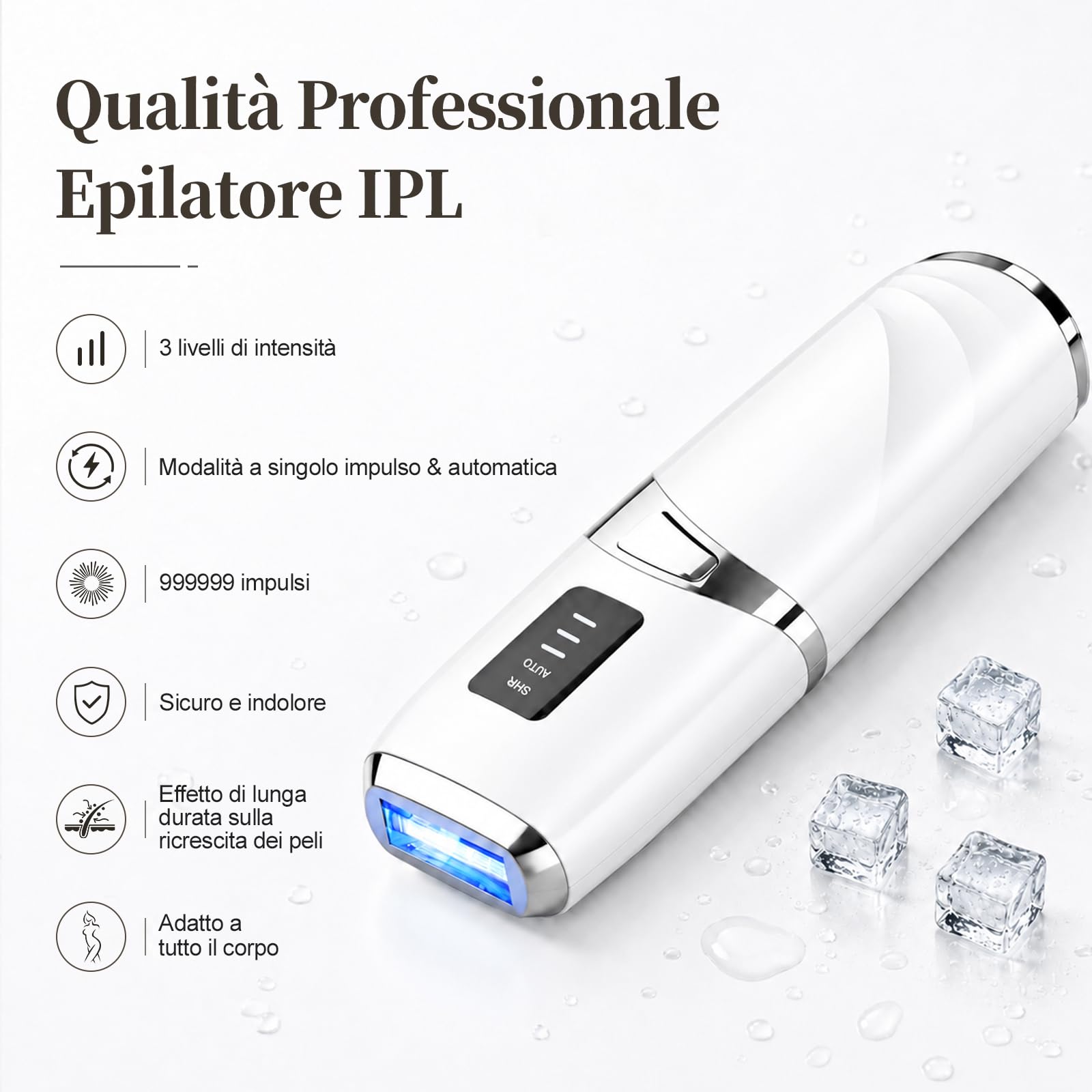Epilatore Luce Pulsata, Luce Pulsata Indolore, 999,999 Flashes Epilazione Laser Peli Donna, 3 Livelli di Energia, Epilatore Laser per Corpo, Ascelle, Bikini, Donne e Uomini-Bianco