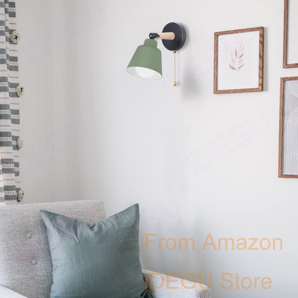 iDEGU Lot de 2 Applique Murale Rétro Vintage E27 Luminaire Plafonnier Industriel en Bois Métal Réglable Lampe Murale Interieur avec Interrupteur Applique Moderne pour Chambre Entrée Salon (Vert Olive)