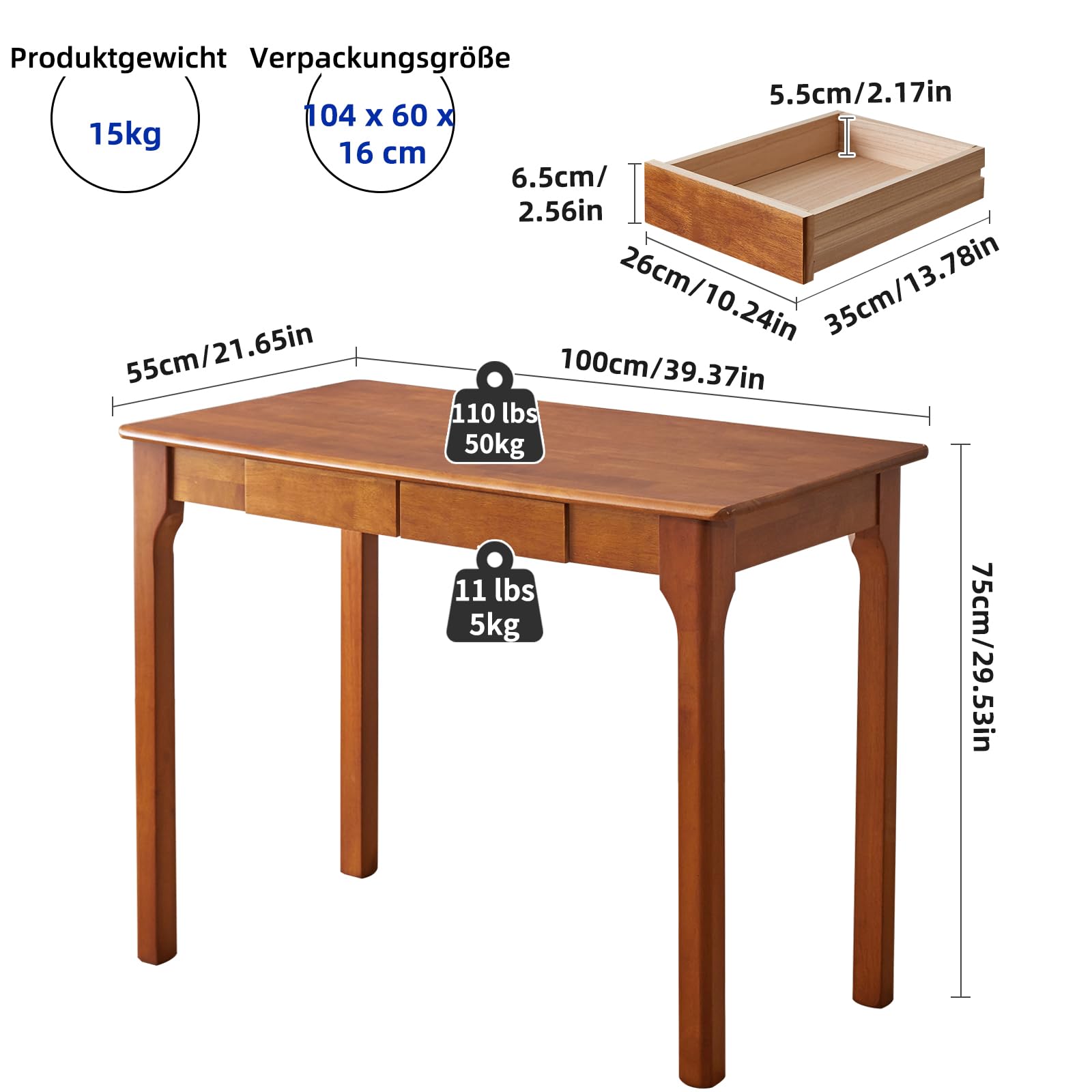 Aibiju Schreibtisch aus Massivholz mit 2 Schubladen, 100 cm Gaming-Schreibtisch fürs Homeoffice, Computertisch fürs Schlafzimmer, Kleiner Esstisch für kleine Räume, Walnuss YD-WD04H