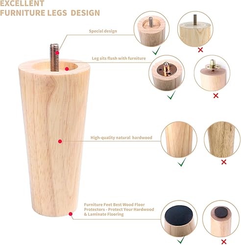 Miniatura 3 de Patas redondas de muebles sólidas de 5 pulgadas, patas rectas cónicas de madera maciza para sofá, patas de repuesto para silla, tocador, sofá, mesa,
