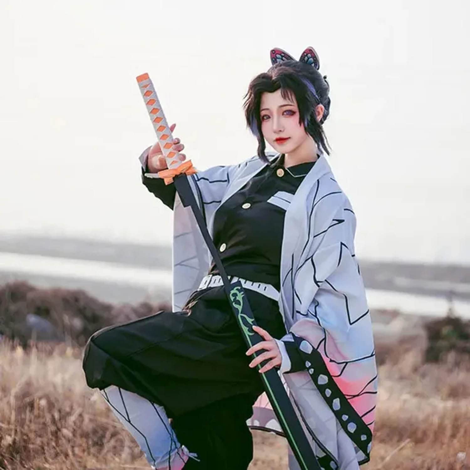 Anime Personaje Kochou Shinobu Disfraz de cosplay Kanroji Mitsuri Juego de role Uniforme Conjunto Completo Halloween Carnaval Traje de Vestir con Peluca para Mujeres