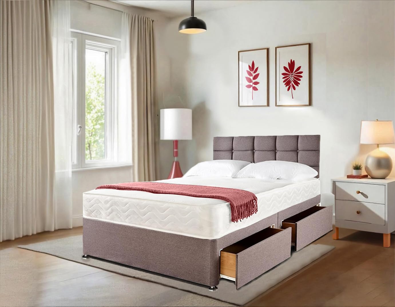 Double Divan Bed Grey Linen Look with 20" Cube Headboard | Bed Set with 2 Drawers and 10" Spring Memory Foam Mattress