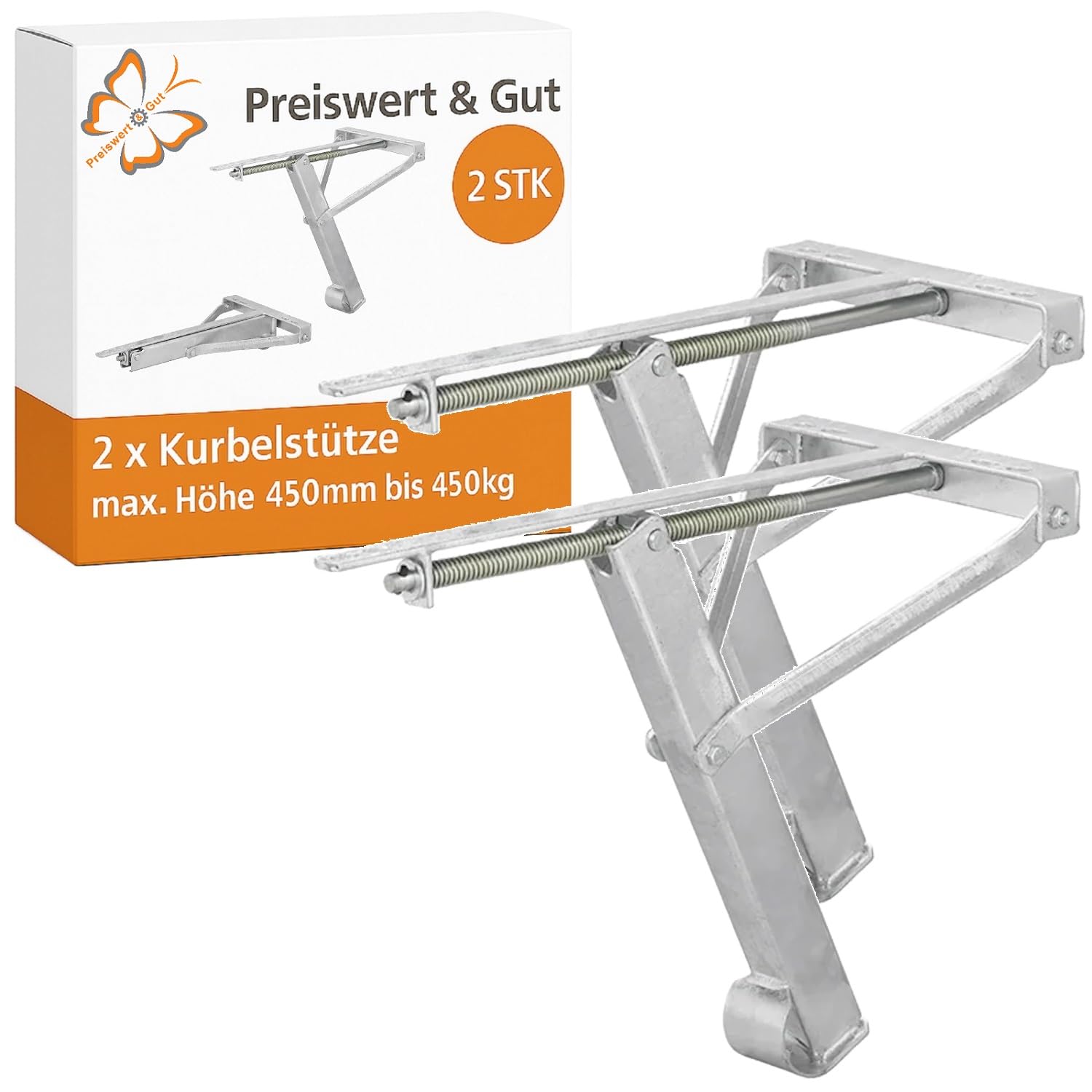 Preiswert & Gut 2X Nivellierstützen für Wohnwagen Wohnmobil Anhänger Set höhenverstellbar aus verzinktem Stahl mit Trapezgewinde zur sicheren Abstützung und kontrolliertem Heben bis 450 kg je Stütze