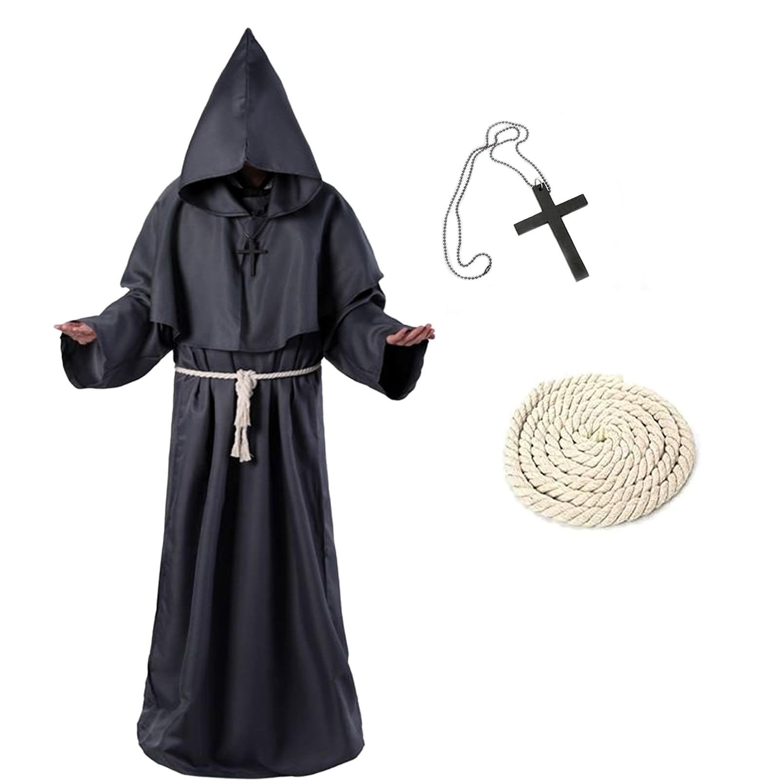 KEELYY Mönch Robe Priester Kostüm Herren Halloween Kostüm mit Kapuze und Kreuz, Mönch Priester Gewand Männer Mönchskutte für Halloween, Karneval, Mittelalterliche, Renaissance