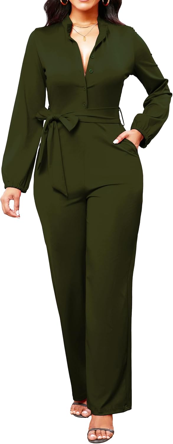 SxClub Jumpsuits for Women Formal Sexy Elegant Long Straight Pants Busineess Party Jumpsuit with Belt Pockets - Image 6