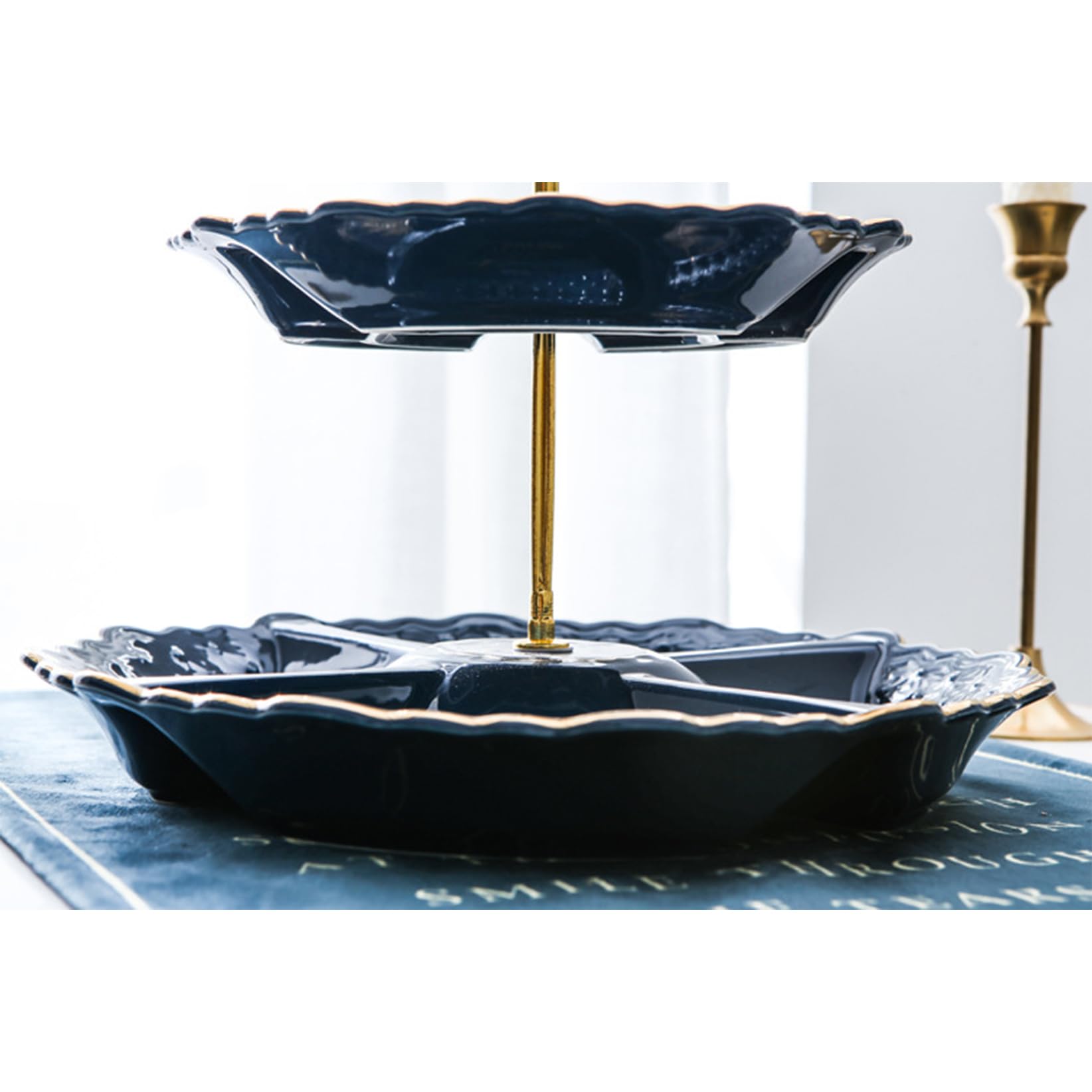 Celdas De 2 Niveles Celdas De Porcelana Soporte De Cupcake Siring Serving, Bandeja De Dulces De Fruta Seca Elegante En Relieve, Reposicionamiento De Pastelería para Blue