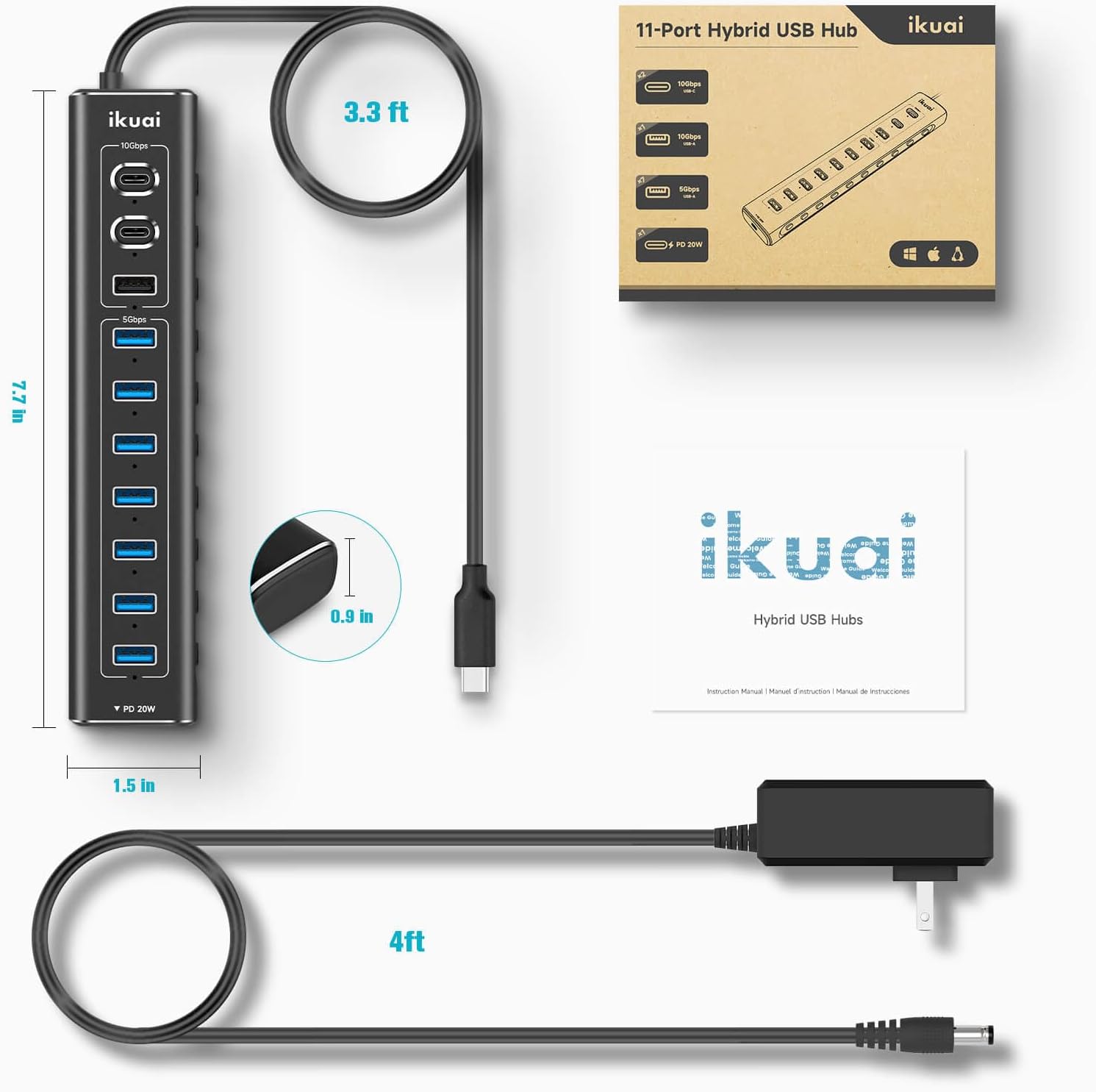 Diagram showing dimensions of ikuai USB hub and lengths of included cables