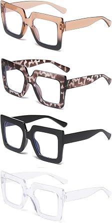 3/4-Pack Clear Square Frame Glasses - Large Plastic Non-Prescription Eyewear