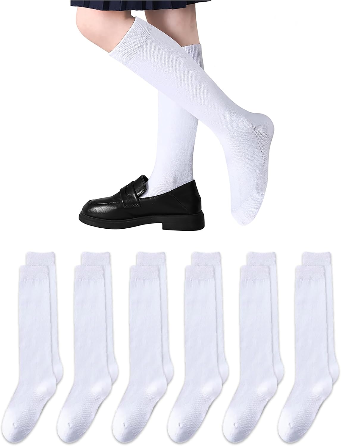 6 Pairs Girls Knee High Socks, Seamless Toe Cotton School Uniform Socks for Kids Age 3-15, White Black Navy