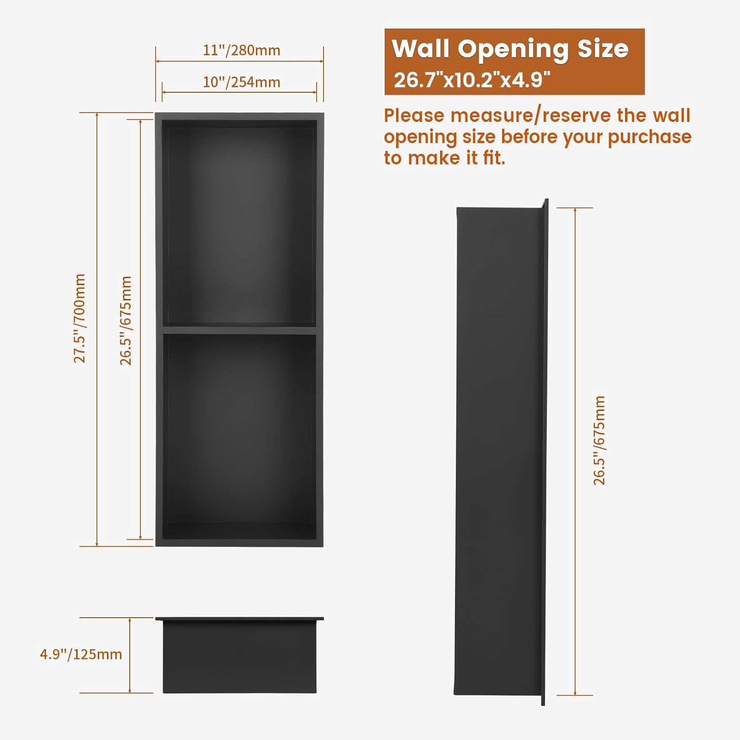 28×12 Inch Stainless Steel Shower Niche, 2 Tier Waterproof Recessed Wall Niche, No Tile Needed Insert Storage for Bathroom Kitchen Bedroom(Black)