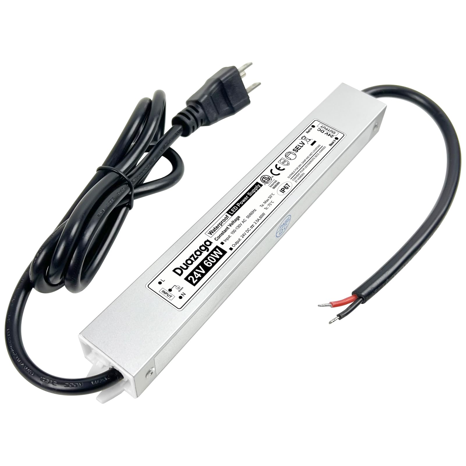 Duazaga LED Driver 60W 24Volt Power Supply 120V to 24V Converter AC to DC Low Voltage Transformer IP67 Waterproof transformador with 4.4 feet 3 Prong