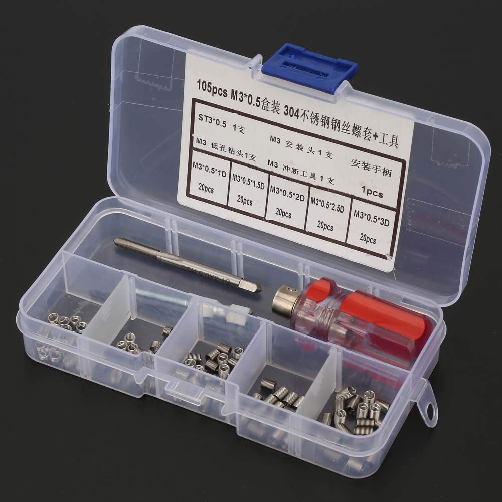 105 Pièces Ensemble en Acier Inoxydable M3, Filet M3 Fil Vis Manchon Filetage Réparation Insert Kit Ensemble D'outils (Boîte M3*0.5)