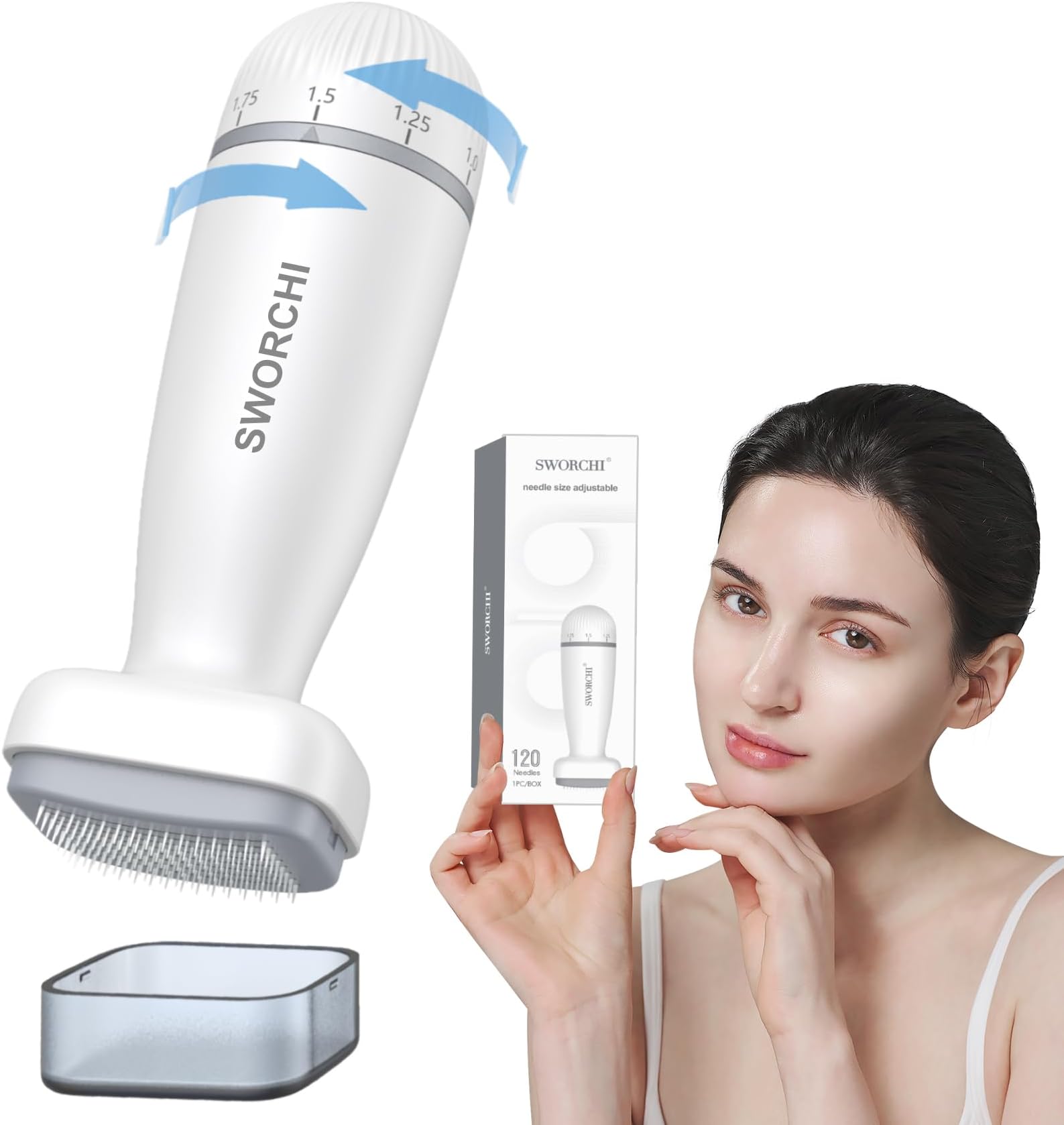 Derma Stamp Microneedling Adjustable Needles with 0-2mm 120 Needles Titanium Microneedle Dermastamp for Men Women Hair Beard Growth Face Body Skin Care