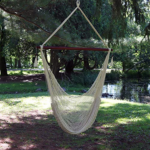 Sunnydaze Hanging Rope Hammock Chair Swing - Cabo Style Extra Large Hanging Chair With Spreader Bar For Backyard & Patio - 360-Pound Capacity - Cream #TOP1